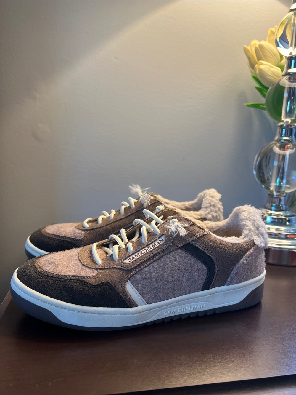 Sam Edelman Taupe and Dark Brown Fleece-Lined Sneakers